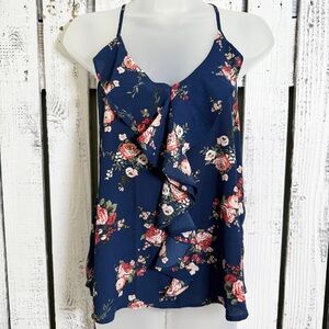 Sweet Wanderer Floral Ruffle Top Size Medium Navy Blue V-neck Boho Fairy Cottage